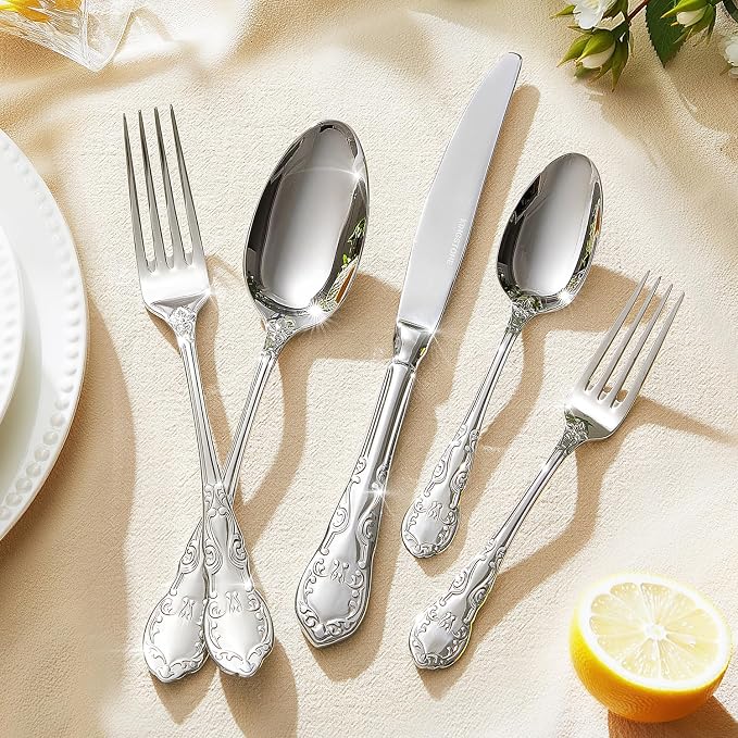 20-Piece Vintage Silverware Set, 18/10 Stainless Steel Flatware | Retro Utensils, Cutlery Set, Mirror Polished Finish, Dishwasher Safe, for Home, Wedding & Housewarming Gift