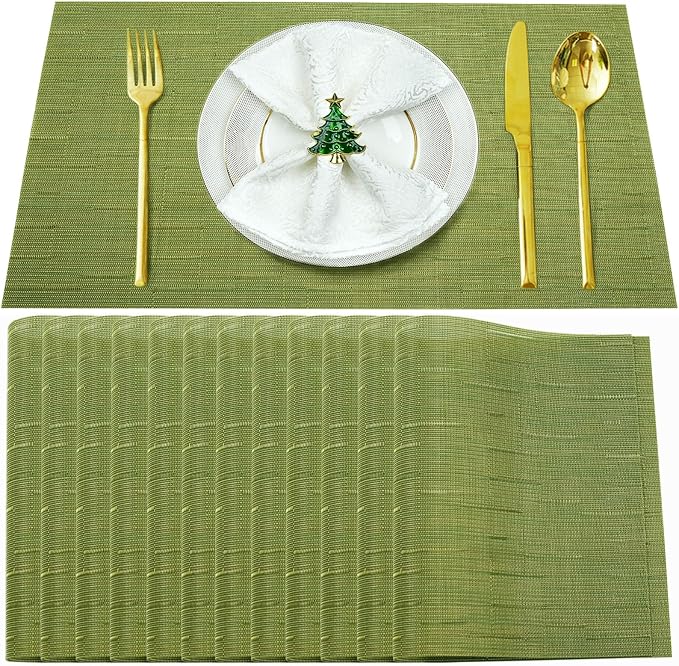 Green Vinyl Placemats Set of 12,Washable Dining PVC Table Mats | Heat resistant, stain resistant non slip vinyl place mats, washable green table placemats for dining table