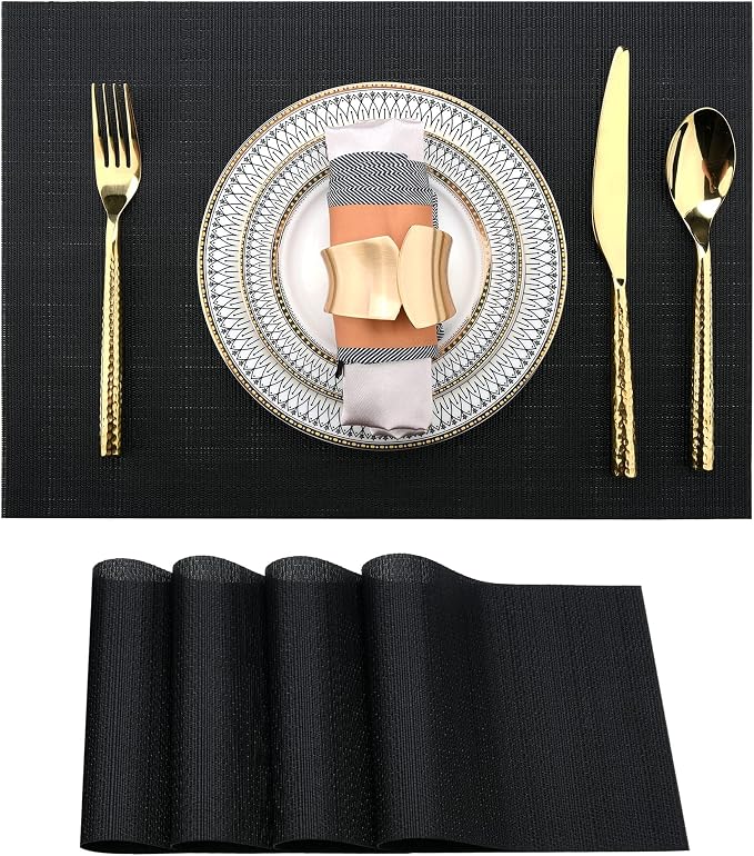 SLKQG Black Placemats Set of 4 - Easy Clean Washable Vinyl Placemats - Wipeable Heat Proof Table Mats for Dining Table - 17x12 Inch (Pure Black, 4)