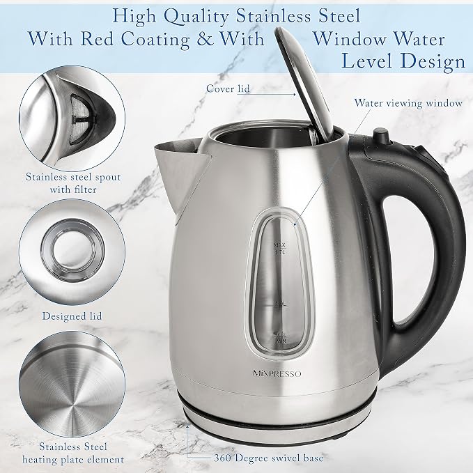 Mixpresso 1.7 Liter Stainless Steel Electric Kettle | Large, portable hot water tea kettle, fast boiling pot, boil-dry protection, auto shut-off, blue Illuminate LED light