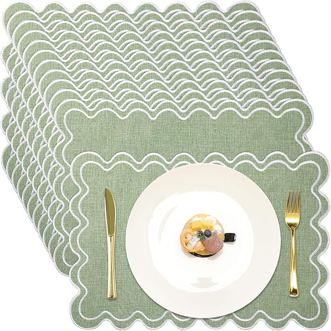 Linen Placemats Set of 12 Scalloped Placemat 13 X19 Wavy Embroidery Double Layered Washable Farmhouse Dinner Fabric Table Mat Napkin for Wedding Party Restaurant(Regular,Sage Green)