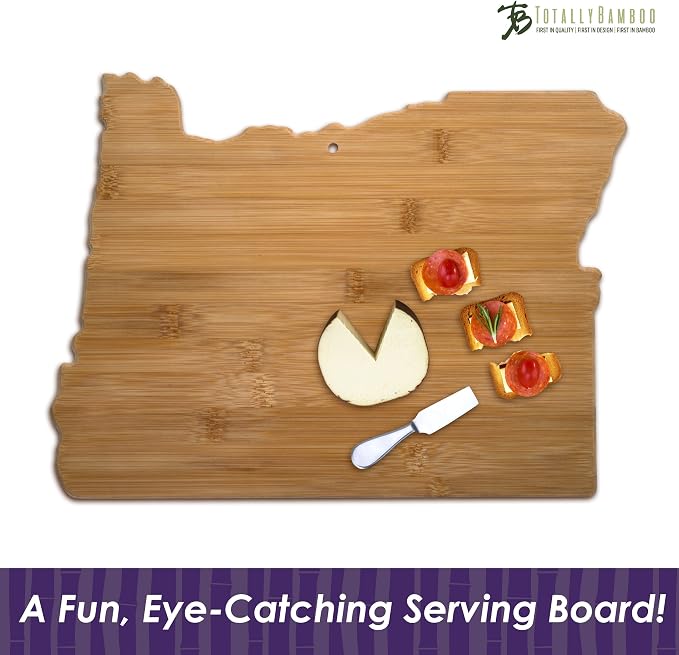 Totally Bamboo Oregon State Shaped Bamboo Serving and Cutting Board | State charcuterie board with natural bamboo grain. Knife-friendly surface for food prep. Hang tie for wall display.
