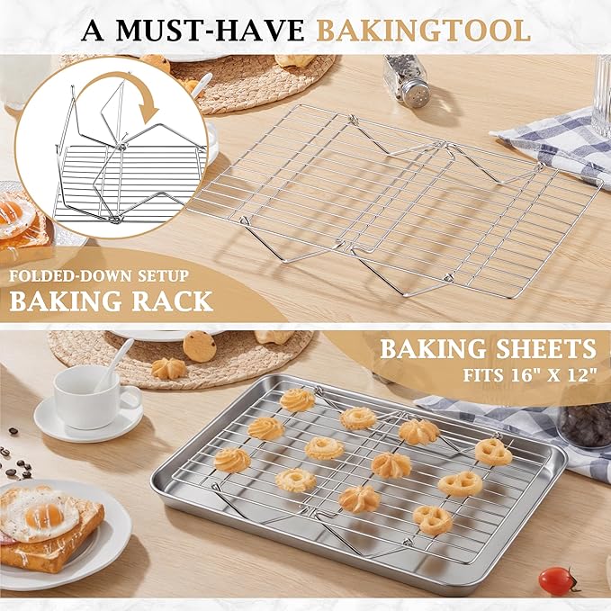 LIANYU Cooling Rack 15"x10", 4-Tier Stackable & Collapsible Cooling Racks | Stainless Steel Wire Baking Racks Fits Jelly Roll Pan, Great for Cooking, Baking, Roasting, Grilling, Oven & Dishwasher Safe