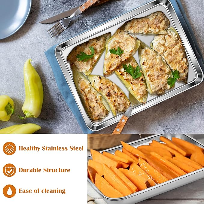 E-far 10.5” x8.3” Baking Sheet Set of 2, Stainless Steel Toaster Oven Tray | Small Non-toxic Metal Baking Pan for Cookie & Cake, Healthy & Rust Free, Mirror Finish & Dishwasher Safe