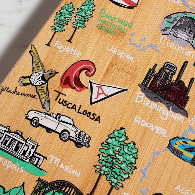 Totally Bamboo Alabama State Shaped Cutting Board, Art by Fish Kiss | State charcuterie board with colorful hand-drawn map artwork. Smooth reverse side for food prep. Hang tie for wall display.