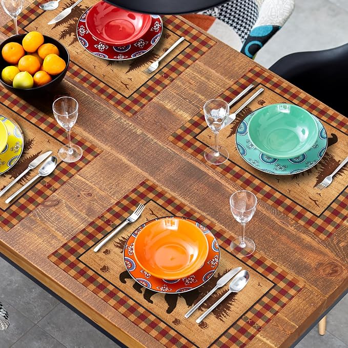 Rustic Bear Forest Pine Tree Placemats Set of 4, Wildlife Paw Print Buffalo Plaid Table Place Mats 18 x12 Inch Heat Resisting Non-Slip Table Mats for Party Holiday Kitchen Farm Indoor Decor