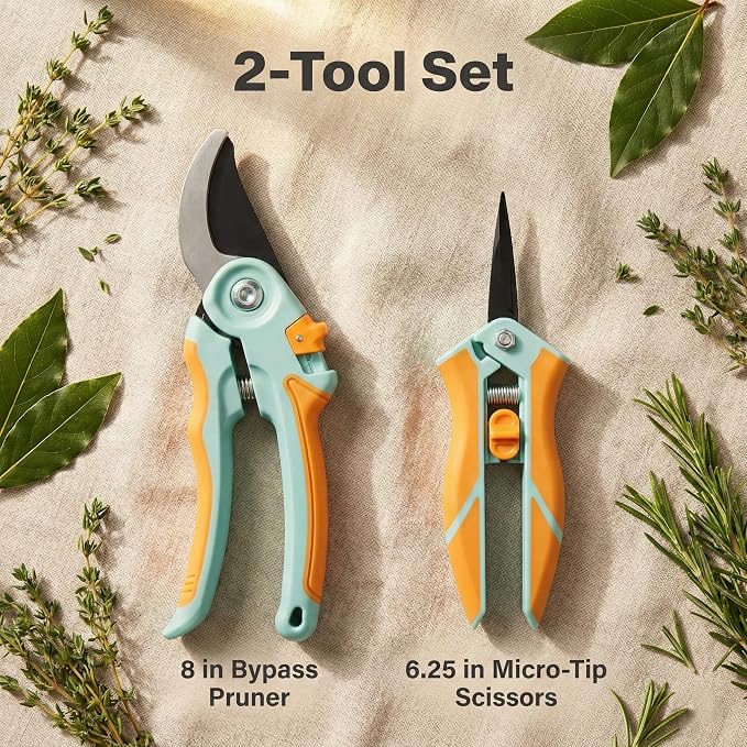 NEXON Pruning Shears 2-Pack — 8" Bypass Hand Pruner & 6.25" Precision Snips, SK5 Steel Blades with Non-Stick Coating, Lightweight Garden Shears for Roses, Flowers & Shrubs, Blue