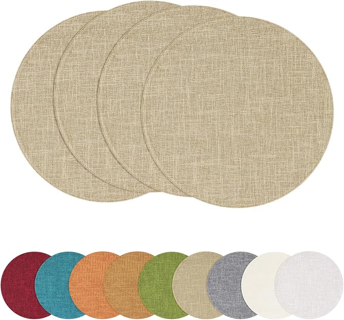 Cotton Linen 15 Inch Round Cloth Place mats, Set of 4, Linen | Washable Table Mats, Heat Resistant, Reversible, Wipeable Place Mats for Indoor Outdoor