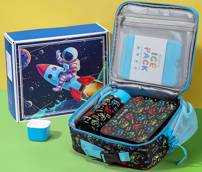 Fimibuke Bento Lunch Box for Kids - Toddler Boys Snack Bento Box Container | with 3 Compartments, 14oz Stainless Steel Water Bottle, Insulated Lunch Bag, Ice Pack Set for Ages 3-12 Daycare, Gamepad
