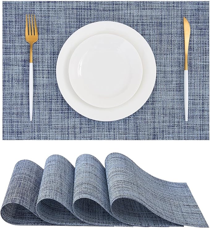 Leetaltree Woven Vinyl Placemats Set of 4, Deep Navy | OEKO-TEX, Washable Durable Vinyl Woven Table Mats，Heat Resistant Non-Slip Place mats for for Indoor & Outdoor Dining