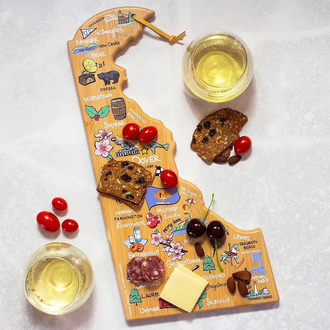Totally Bamboo Delaware State Shaped Cutting Board, Art by Fish Kiss | State charcuterie board with colorful hand-drawn map artwork. Smooth reverse side for food prep. Hang tie for wall display.