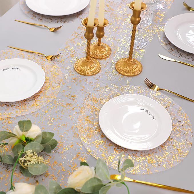 Snowkingdom Gold Placemats Set of 50, Golden Metallic Glitter Sheer Gauze Round 13 Inch Disposable Doilies Charger Place Mats, Dinning Table Mats for Party Wedding Birthday Christmas Holiday