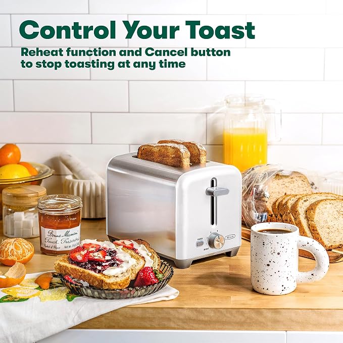 BELLA 2 Slice Toaster, Quick & Even Results Every Time, Wide Slots Fit Any Size Bread Like Bagels or Texas Toast, Drop-Down Crumb Tray for Easy Clean Up, Stainless Steel and White