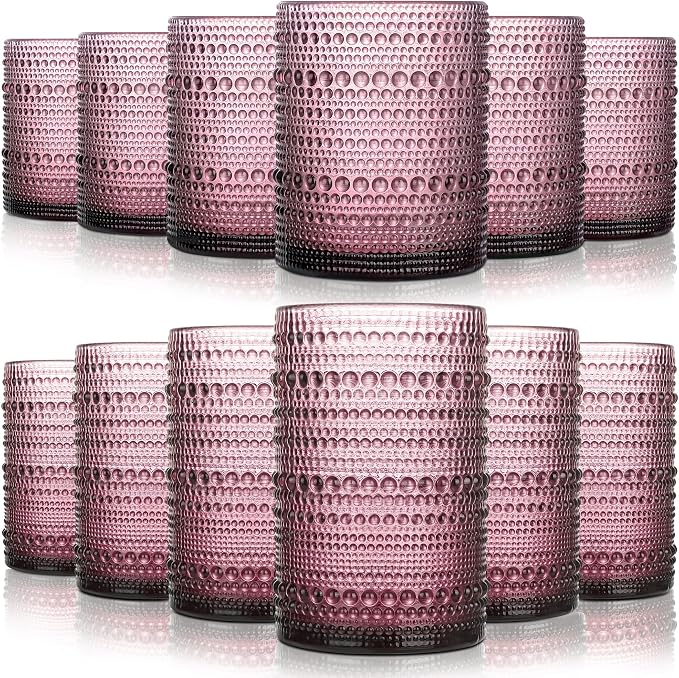 KMIGRUAN Hobnail Drinking Glasses Set of 12,15Oz & 12Oz Cocktail Glasses | Smoke Purple Vintage Boho Highball Glasses, Embossed Beaded Water Glass Cups for Cocktail, Beer, Milk, Juice & Bar Use