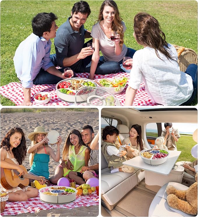 Divided Rotating Serving Tray with Lid and Handle, Portable Snackle Box for Fruits Snacks Veggie Charcuterie, Clear Lazy Susan Organizer and Fridge Storage Container for Adults Child (1PCS,12" L