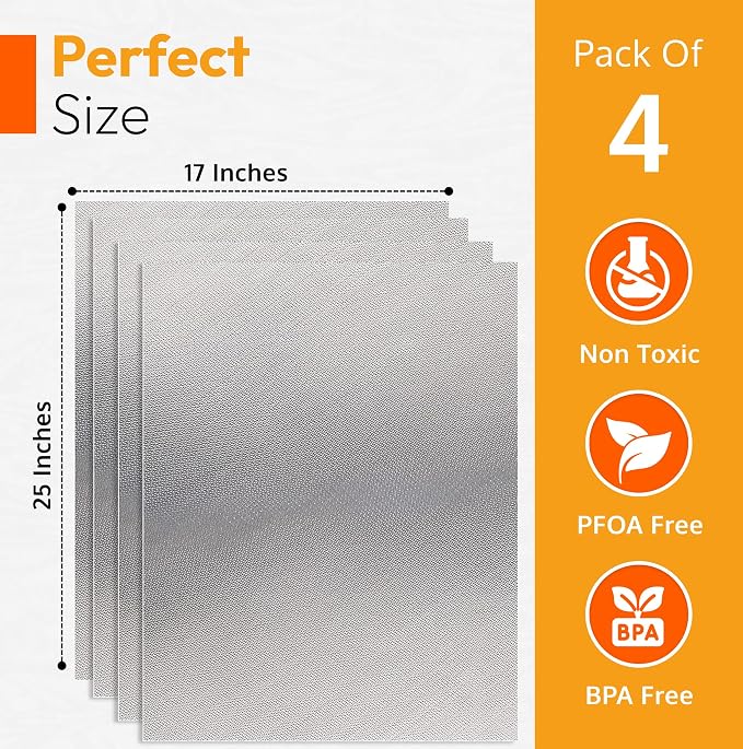 Oven Liners for Bottom of Oven - 17"x 25" Large Heavy Duty Non-Stick 4 Pack | Resistant to 500°F, BPA & PFOA Free, Reusable, Fits Electric, Gas, Toaster, Microwave Ovens & Grills, Spill Guard, Silver