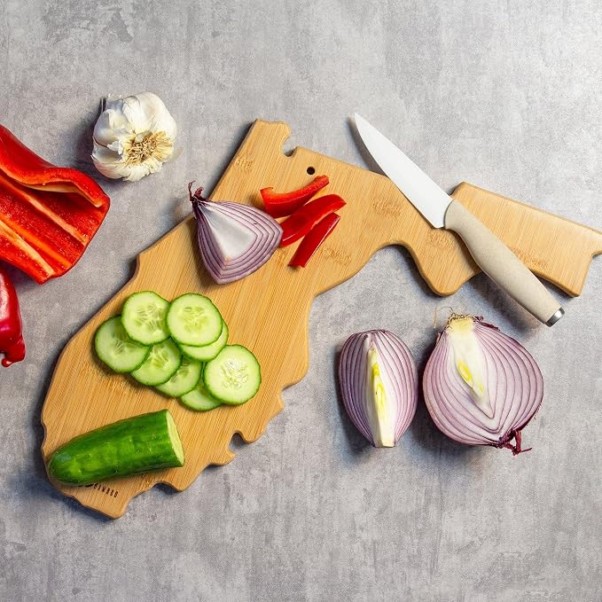 Totally Bamboo Florida State Shaped Cutting Board, Art by Fish Kiss | State charcuterie board with colorful hand-drawn map artwork. Smooth reverse side for food prep. Hang tie for wall display.