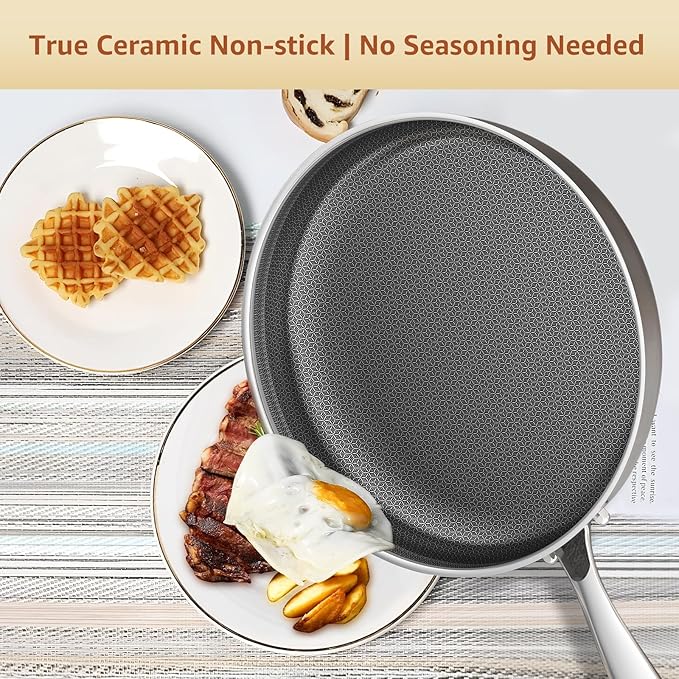 LOLYKITCH 10 Inch Hybrid Nonstick Frying Pan with Glass Lids | PFOA Free | Stainless Steel Skillet | Non-Toxic | Stay-Cool Detachable Handle | Dishwasher and Oven Safe | Induction Ready