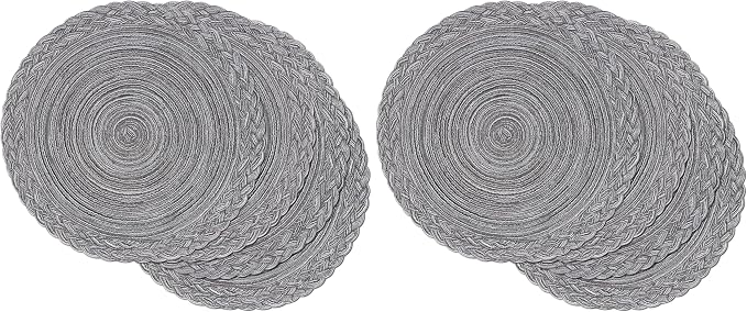 SHACOS Round Placemats Set of 4 Boho Braided Border 15 inch Circle Place Mats Washable Fabric Table Mats for Kitchen Dining Table, Gray (Pack of 2)
