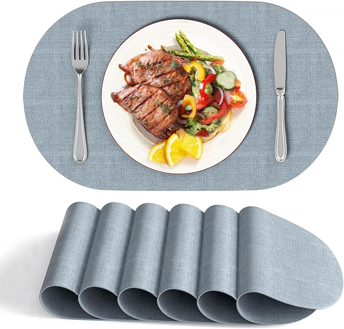 DOLOPL Oval Placemats Set of 6, Dusty Blue Faux Leather Place Mats, Large | Large Size 13.8" x 21.6", Reversible, Wipeable & Washable, Heat Resistant, Waterproof, Modern Style for Kitchen, Dining Table