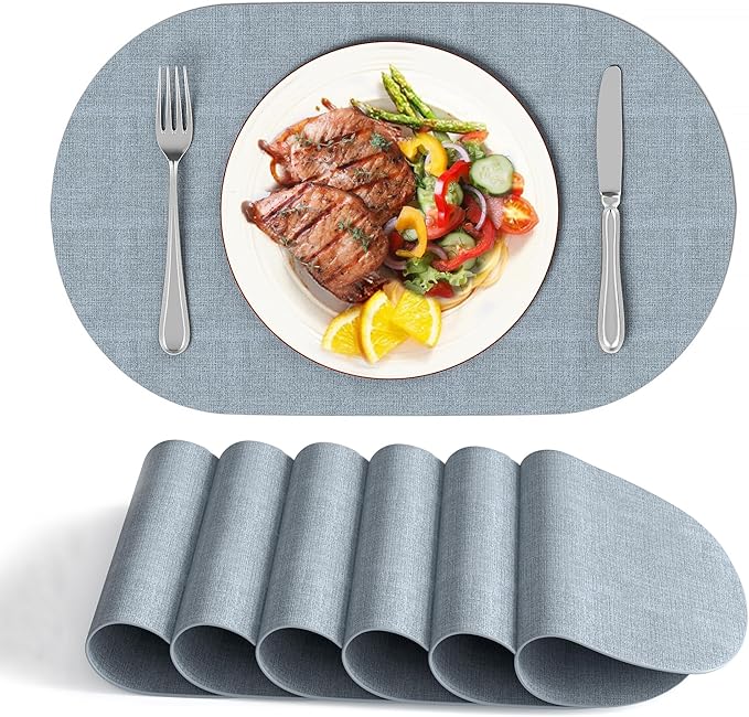 DOLOPL Oval Placemats Set of 6, Dusty Blue Faux Leather Table Place Mats | Reversible, Wipeable & Washable, Heat Resistant, Waterproof, 17"x11.8", Modern Neutral Style for Kitchen, Dining Table