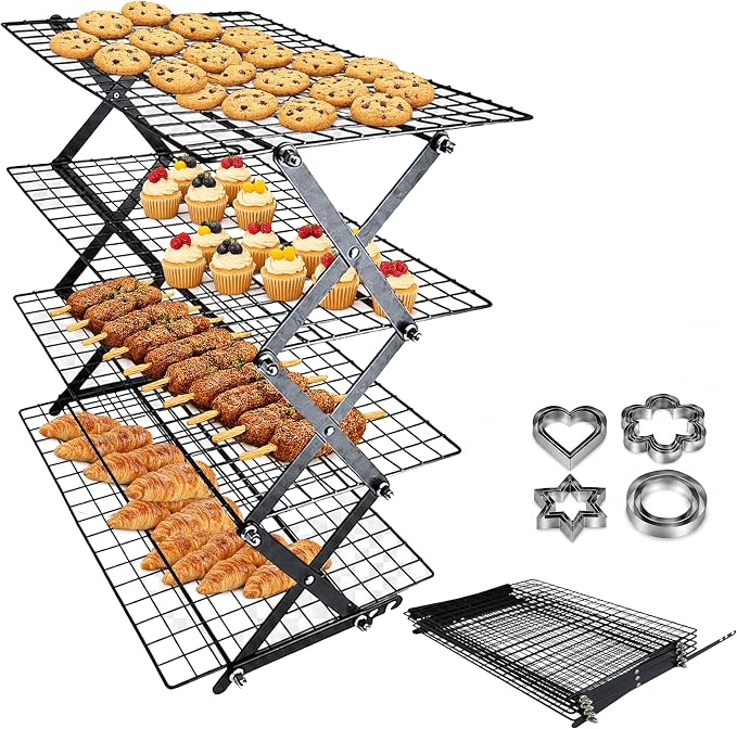 4 Tier Collapsible Cooling Rack for Baking, Tiered & Stackable | Includes 12-piece stainless cookie cutter set. Locks in place at 3 adjustable heights. Folds flat to 2.5in to store.