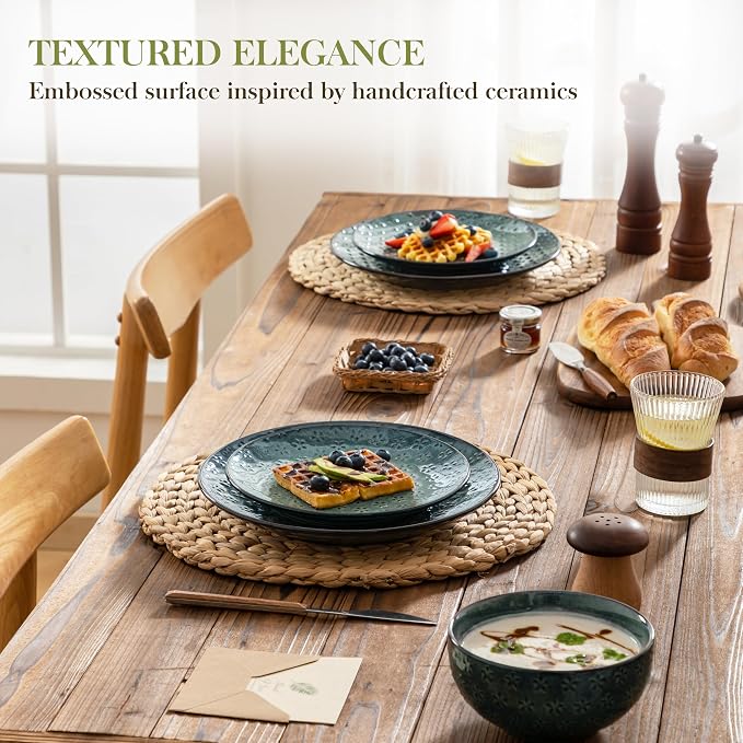 MALACASA 12 Pieces Dinnerware Sets, Farmhouse Plates and Bowls Sets, Embossed Green Dish Set for 4, Vintage Relief Ceramic Dish Set, Chip-Resistant, Microwave and Dishwasher Safe, Series LYDIA