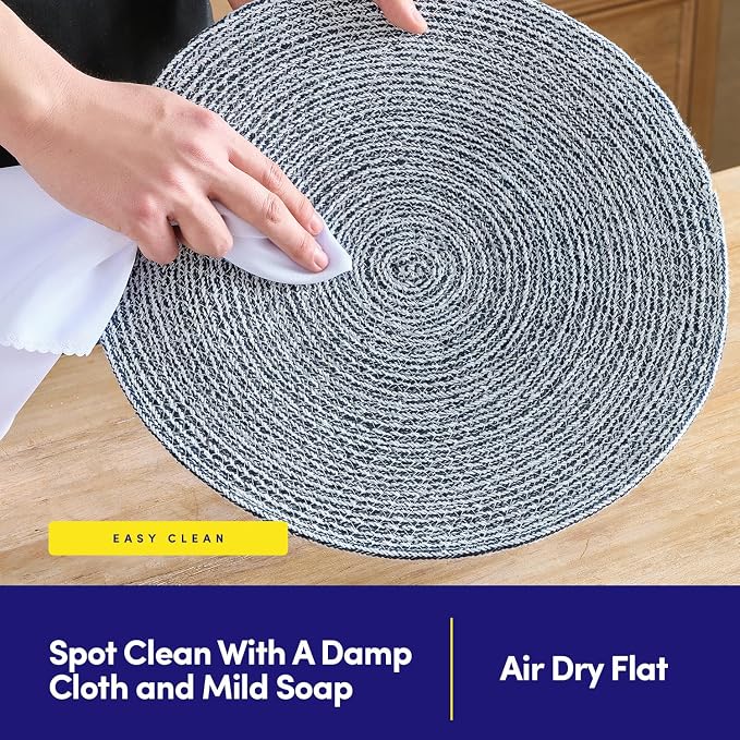 Round Placemats Set of 6-100% Cotton Two-Tone Placemat for Dining Table - Woven Braided Table Setting Place Mat - Washable Table Decor for Kitchen, Farmhouse, Rustic, Everyday Use, Navy