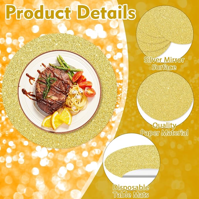 50PCS Gold Paper Placemats Disposable 13.4 Inch Shiny Golden Place Mats Round Decorative Glitter Table Mats for Birthday Wedding Holiday Party Supplies Sparkle Dining Tableware