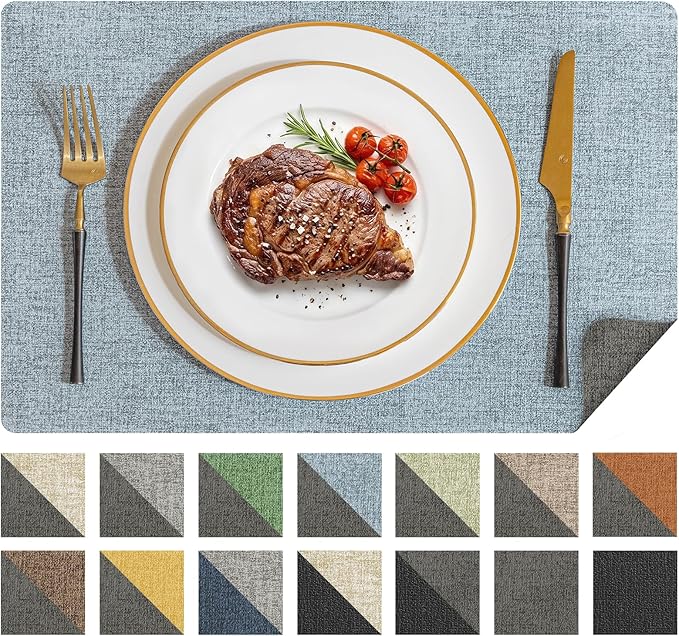 Romanstile Vinyl Placemats Set of 6, Reversible Faux Leather Heat Resistant Wipeable Table Mats, Waterproof Washable Non-Slip Table Placemats for Dining/Kitchen/Outdoor (Grey Sky Blue, 12" x 17")