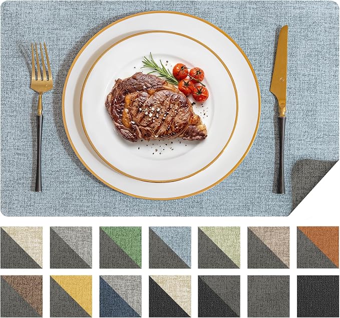 Romanstile Vinyl Placemats Set of 8, Reversible Faux Leather Heat Resistant Wipeable Table Mats, Waterproof Washable Non-Slip Table Placemats for Dining/Kitchen/Outdoor (Grey Sky Blue, 12" x 17")