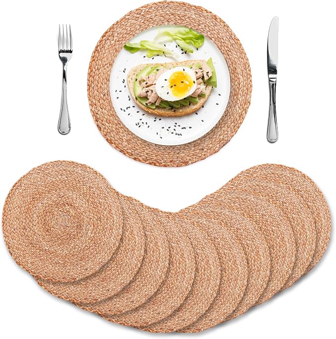 Natural Jute Placemats Set of 10, Round Woven Table Mats, 13 Inch Rattan Charger Plates for Dinner, Boho Farmhouse Braided Place Mats