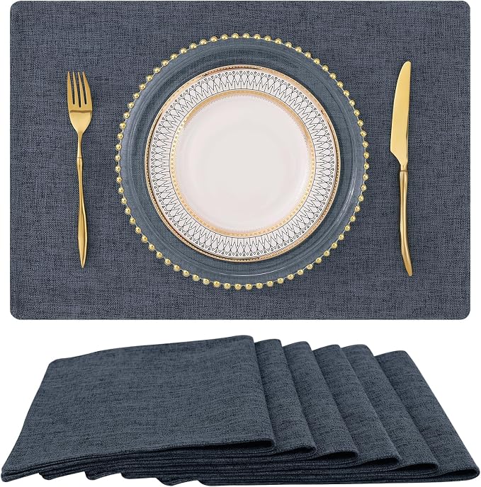 Faux Cotton Linen Placemats Set of 6, Cloth Washable Farmhouse Dining Table Mats for Indoors & Outdoors, Easy to Clean, Charcoal, 13 x 19 Inch