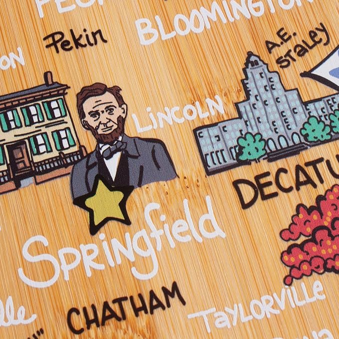 Totally Bamboo Illinois State Shaped Cutting Board, Art by Fish Kiss | State charcuterie board with colorful hand-drawn map artwork. Smooth reverse side for food prep. Hang tie for wall display.