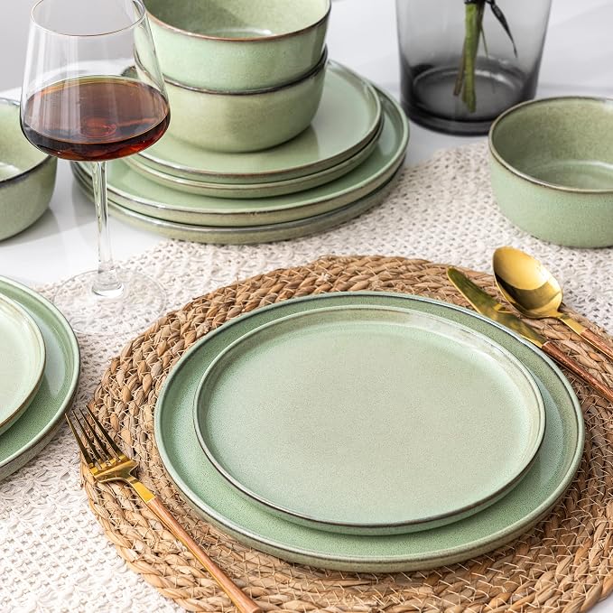 GBHOME Dinnerware Sets for 6, 18 Pieces Ceramic Plates and Bowls Set | Scratch Resistant Stoneware Dishes Set, Dishwasher & Microwave Safe, Reactive Glaze-Pastel Green