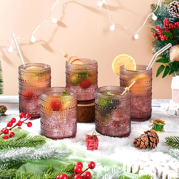 KMIGRUAN Hobnail Drinking Glasses Set of 12,15Oz & 12Oz Cocktail Glasses | Smoke Purple Vintage Boho Highball Glasses, Embossed Beaded Water Glass Cups for Cocktail, Beer, Milk, Juice & Bar Use