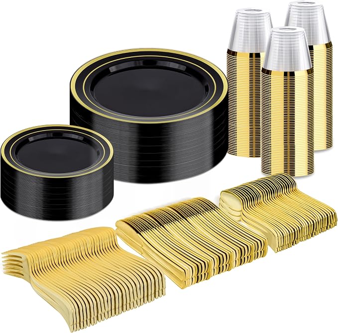 BESTVIP 300PCS Plastic Dinnerware Set, Black Gold Disposable Plates | for Party, Wedding, Anniversary, Includes: Dinner Plates, Dessert Plates, Cups, Spoons, Forks and Knives(50 Guests)