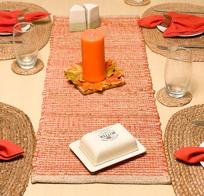 Natural Jute Table Runner, 13x36 Inch | Vintage Boho Rustic Table Decor, Handwoven, Rust Orange, Farmhouse Thanksgiving tablerunner