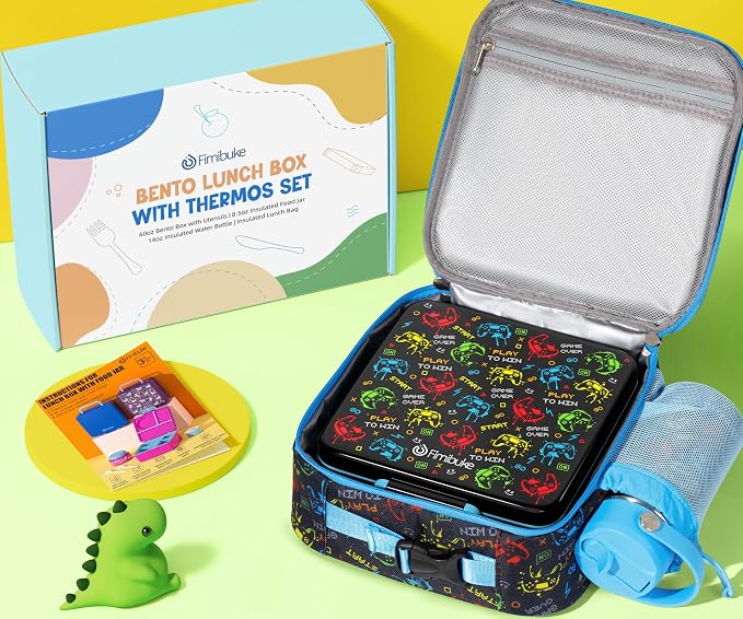 Fimibuke Bento Box for Kids Adult - Leakproof 3-4 Compartments Lunch Bento Box Set with Insulated Food Jar, Water Bottle, Lunch Bag, Sauce Cup & Cutlery for Toddler Teen Shcool Girl Boy Age 3+