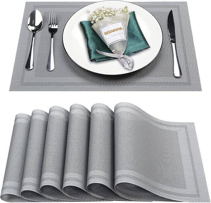 Gray Vinyl Placemats Set of 6,Washable Dining PVC Table Mats | Heat resistant, stain resistant non slip vinyl place mats, washable gray table placemats for dining table