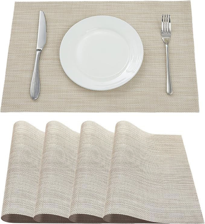 Table Placemats Dining Table Place Mats Set of 4 Heat Resistant Insulation Non-Slip Vinyl for Kitchen Dining Room 18" * 12" Beige
