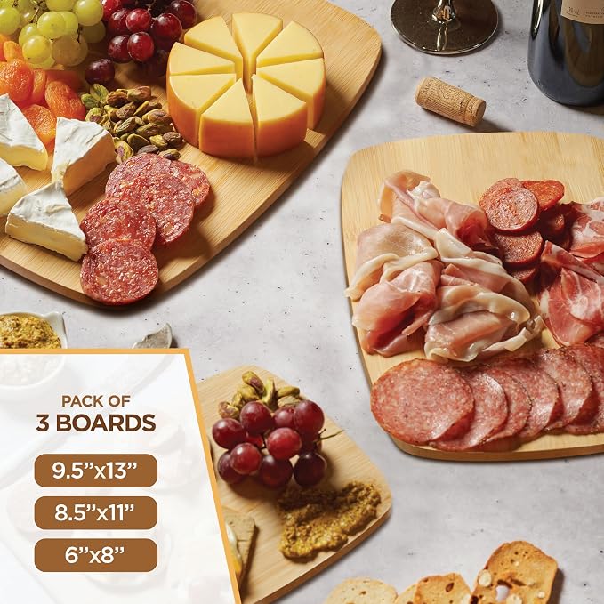 Bamboo Cutting Board Set for Kitchen - 3 Piece Reversible Wooden Cutting Boards, Wood Chopping Boards for Meat, Bread, Fruit, Cheese, Meal Prep, Wood Board and Charcuterie Serving Boards by Bambusi