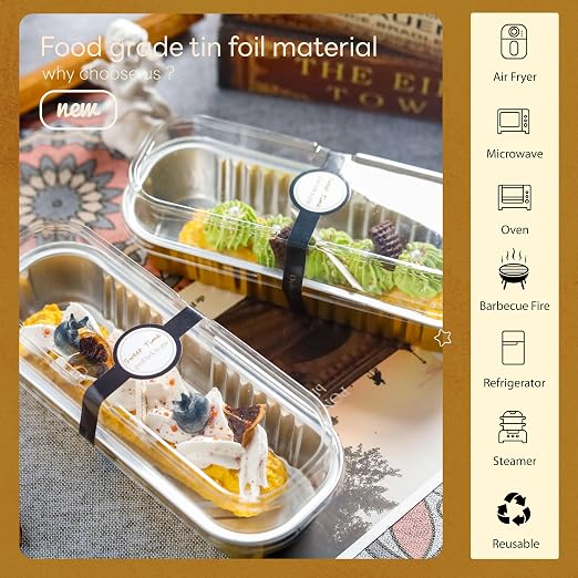 NPLUX Loaf Pans with Lids, 100 Pack Gold 6.8oz for Dessert Displays | Works for sweet bites, savory samples, dips and layered cups; single-base workflow helps limit dish handling.