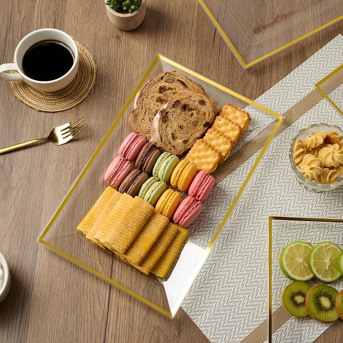 FOCUSLINE 8 PCS Plastic Serving Trays for Party, Clear Gold Rim Platters | Durable Construction, Elegant Appearance, Disposable and Reusable, Ideal for Parties, Weddings, Catering, Desserts
