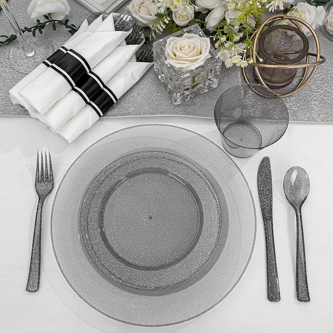 DaYammi 210PCS Black Glitter Plastic Dinnerware Set for 30 Guests, Fancy Disposable Plates for Party, Include: 30 Dinner Plates, 30 Dessert Plates, 30 Pre Rolled Napkins and 30 Cups