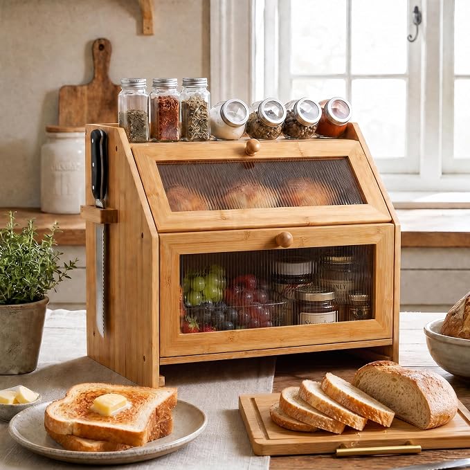 Bread Box for Kitchen Countertop & Cutting Board, 16" Large Bread Container | Bamboo Bread Box with Tool Holder & Cutting Board & Handle, 2-Tier Kitchen Organizer for Homemade Bread & Condiments, Natural