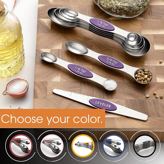 Spring Chef Stainless Steel Magnetic Measuring Spoons Set of 8, Purple | Metal Teaspoon & Tablespoon Measuring Spoons w/ Leveler for Dry & Liquid Ingredients, Measure Spoons for Baking & Cooking