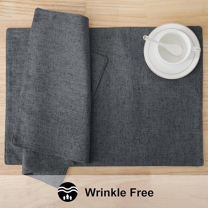 Faux Cotton Linen Placemats Set of 6, Cloth Washable Farmhouse Dining Table Mats for Indoors & Outdoors, Easy to Clean, Charcoal, 13 x 19 Inch