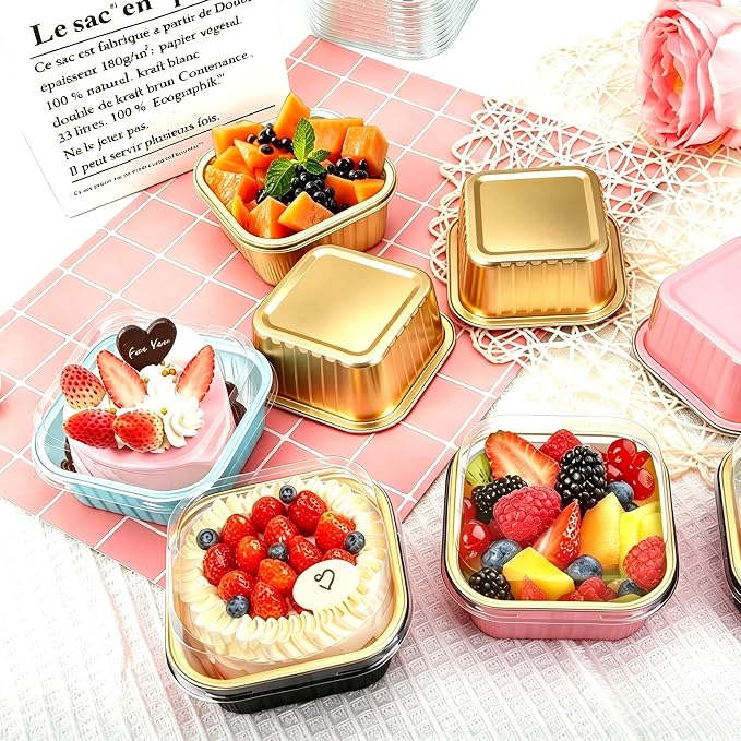100Pack 5oz Mixcolor Mini Cake Pans with Lids Baking Cups Aluminum Foil Pans Tins, Individual Dessert Cups Containers for Sales,Party,Picnics