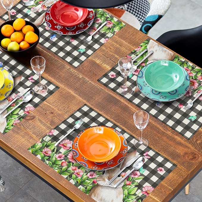 Buffalo Plaid Bunny Placemat Set of 4 12 x 18 Inch Pink Flowers Butterfly Farmhouse Linen Fabric Table Mats Outdoor Spring Seasonal for Party Kitchen Dining